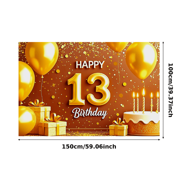 Golden Themed 13th Birthday Backdrop Banner Party Decors with Balloons Gifts Cake Photography Props Happy Birthday Party Supplies