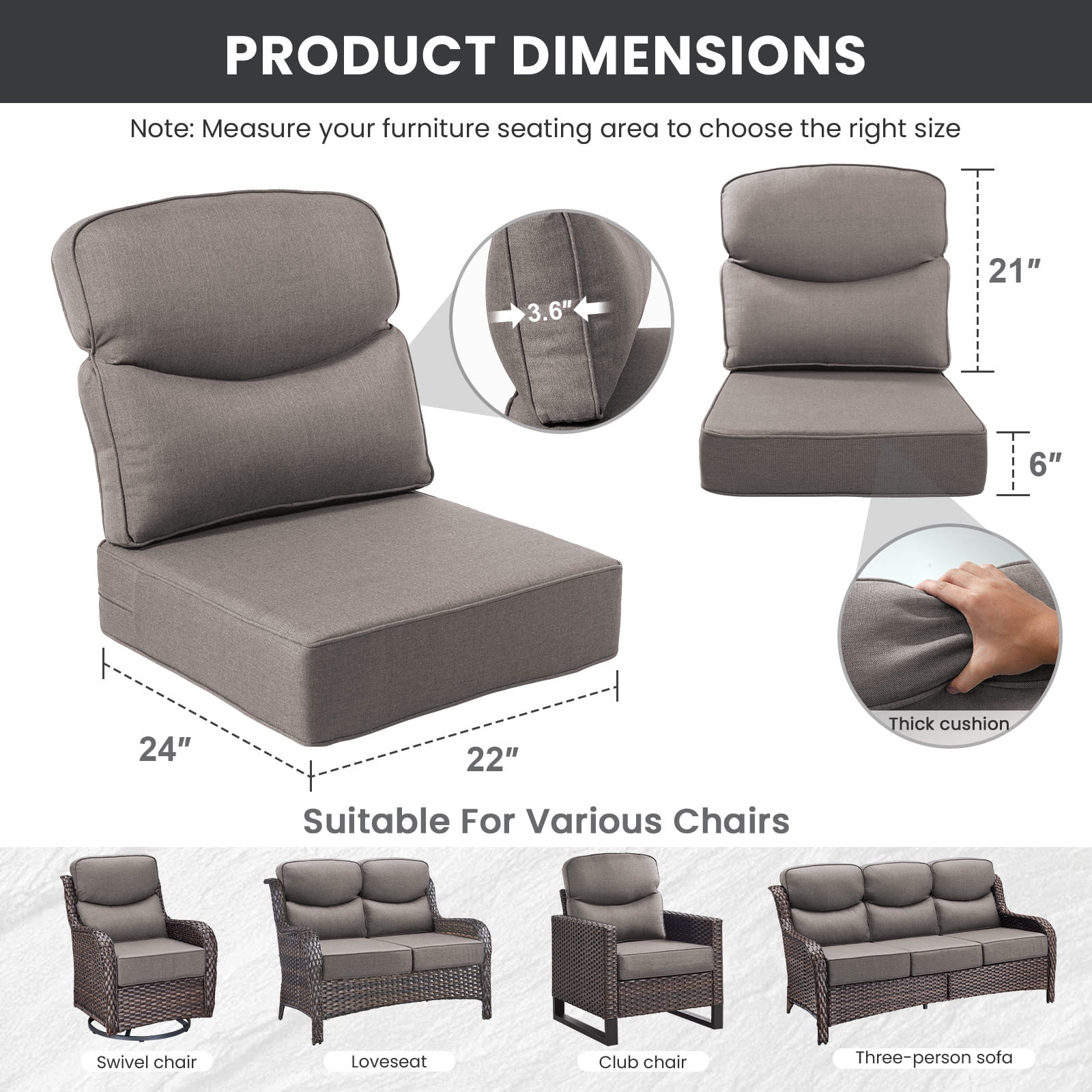 Bellefurn Outdoor Seat Cushions 22 X 24 X 6 inch for Patio Furniture,Outdoor Chair Cushions Outdoor Deep Seat Cushion with Water Resistant & Removable Cover Patio Cushions for Wicker Chair,Sofa,Couch