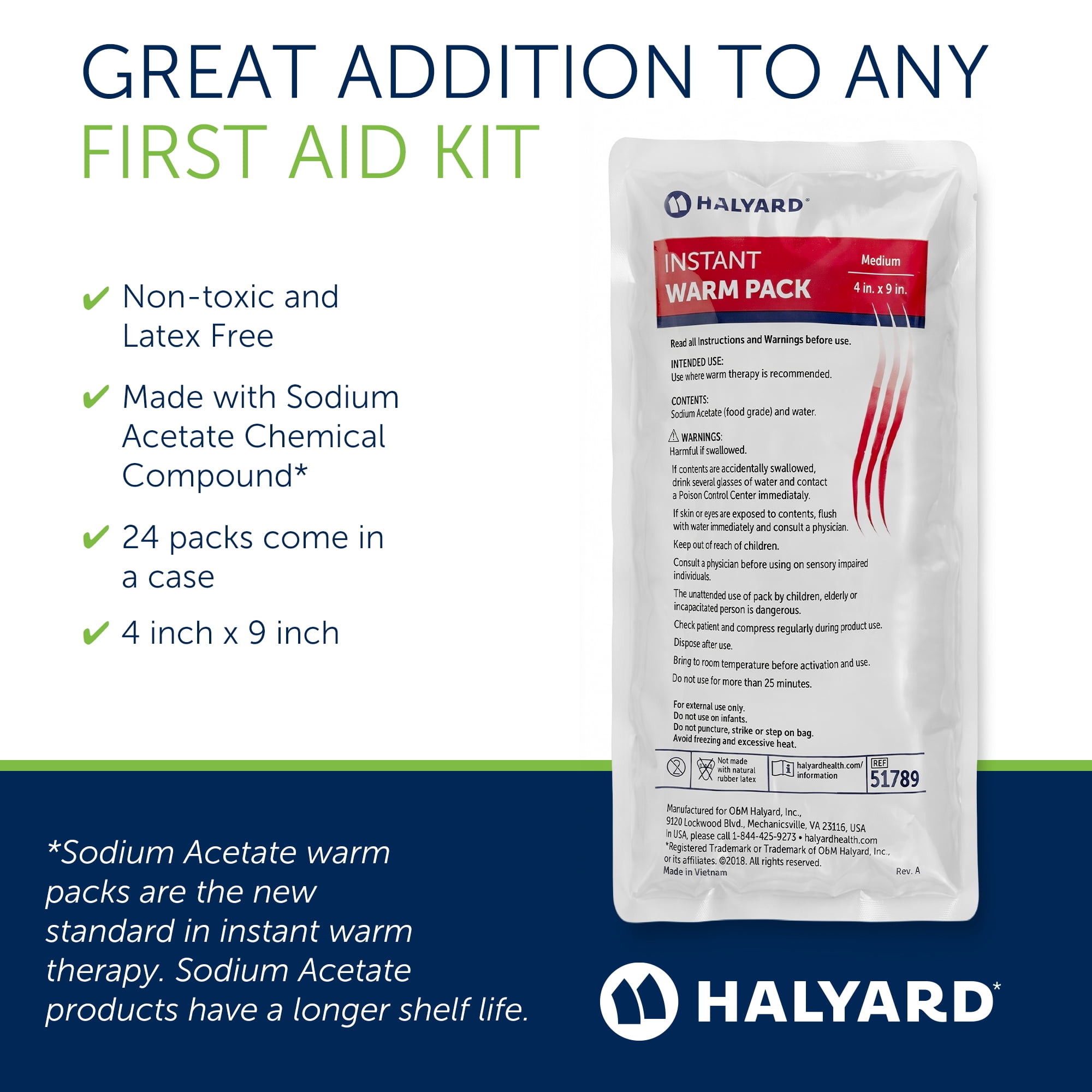 HALYARD Hot Compress Disposable Instant Warm Packs Heat Therapy Pain Relief 4 x 9 Inches, 24 Packs Per Case - 51789