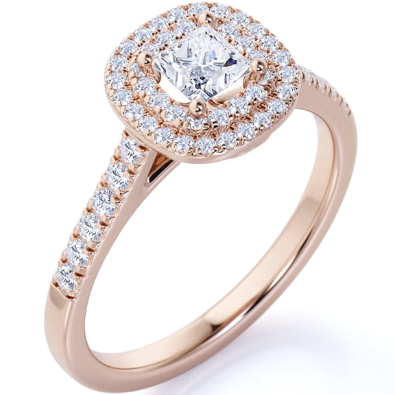 JeenMata 1 Carat - Square Moissanite - Pave Band - Double Halo - Cluster Engagement Ring - 18K Rose Gold over Silver