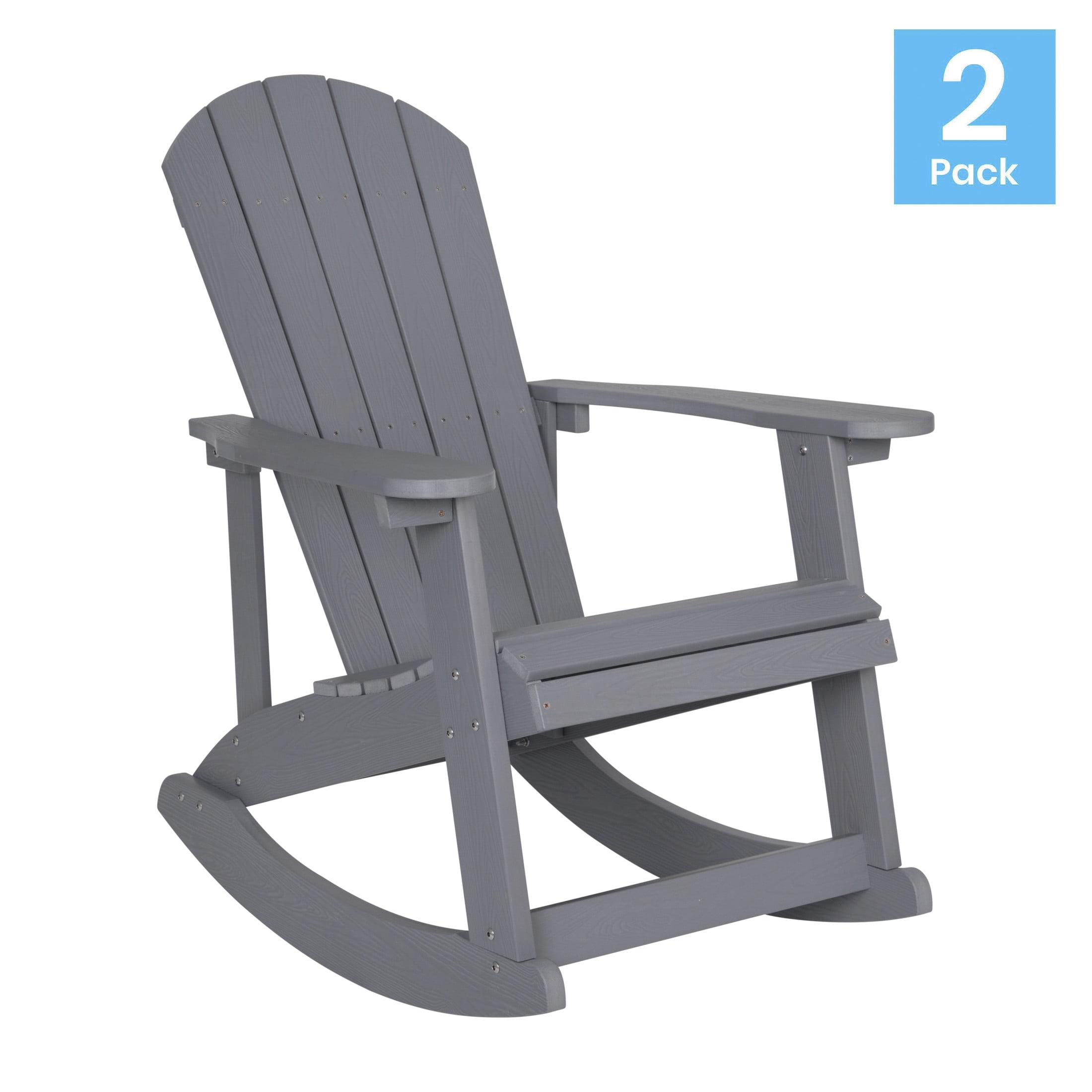 Emma + Oliver Set of 2 Classic All-Weather Poly Resin Rocking Adirondack Chairs in Gray with Stainless Steel Hardware for Year Round Use