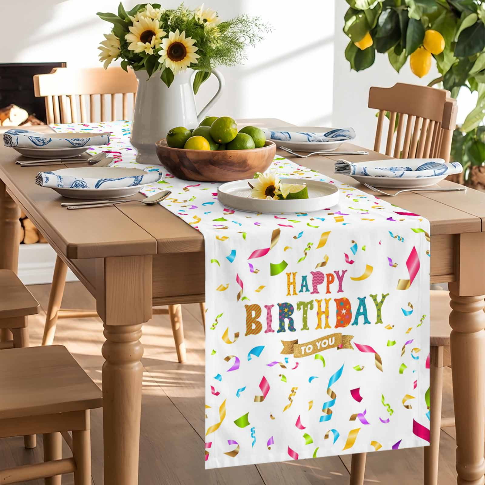 Happy Birthday to You Words Table Runner 90 Inches Long, Colorful Ribbon Table Runners Tabletop Scarf Kitchen Dining Tables Decoration for Home Party Indoor Outdoor