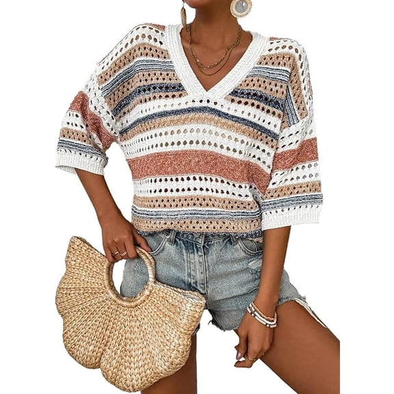 Women’s Crochet Sweater Top V Neck Cap Short Sleeve Spring Summer Knit Shirt Loose Hollow Out Striped Pullover Beach Vacation Cruise Casual Fashion Clothes