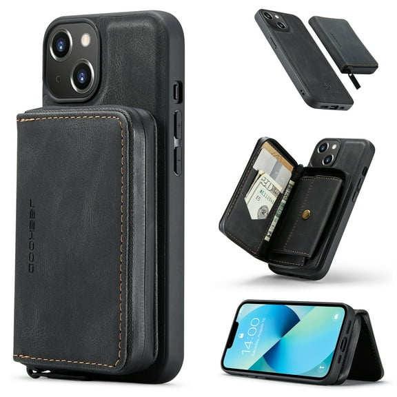K-Lion Luxury Wallet Case for iPhone 14 PU Leather Purse Case with Detachable Card Slots Zipper Pocket Kickstand Function Shockproof Case Black,For iPhone 14