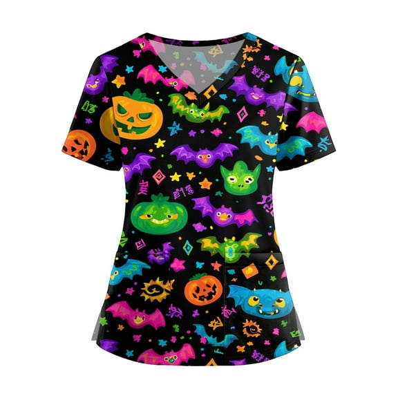 MLQIDK Plus Size Scrubs for Women Stretch Funny Nurse Uniform Shirts V Neck Short Sleeve Scrub Shirts Fun Pumpkin Ghost Bat Printed Nurse Uniforms Black 3XL