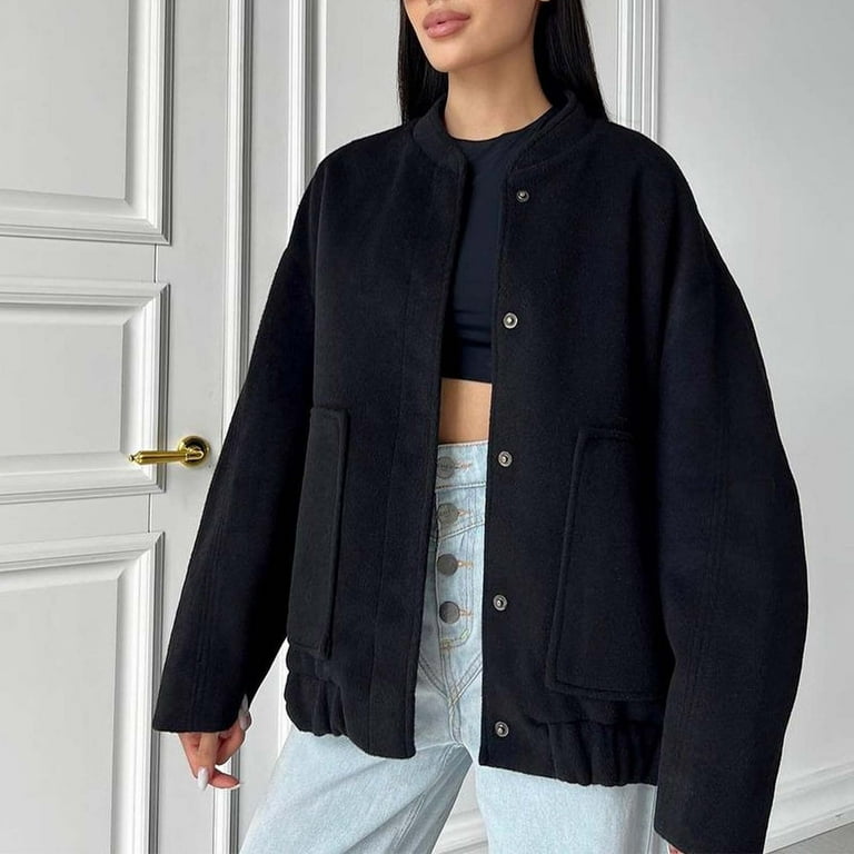 XFLWAM Womens Oversized Bomber Jackets Wool Blend Button XFLWAM Womens Oversized Bomber Jackets Wool Blend Button