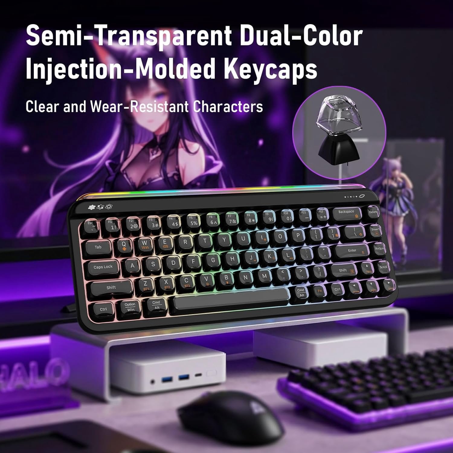 AF68 Membrane Keyboard, 68% Layout 68-Key Gaming Keyboard, 2.4 GHz/Type-C/BT, RGB Lighting Effects with Integrated Side Light Bar, 4000mAh , Translucent Keycaps