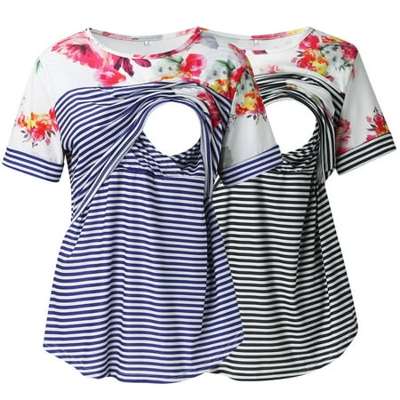 

Maternity Tops Womens Maternity Short Sleeve Crew Neck Striped Printed Nursed Tops T Shirt For Breastfeeding 2 Pack Blue S