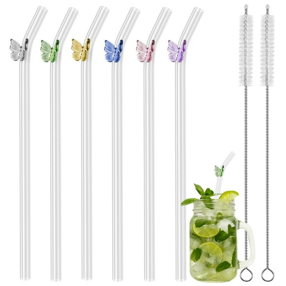 Pluokvzr 5/6Pcs Reusable Drinking Straws Clear Glass Drinking Staws with Cleaning Brush Cute Butterfly Cherry Mushroom Straws Hea