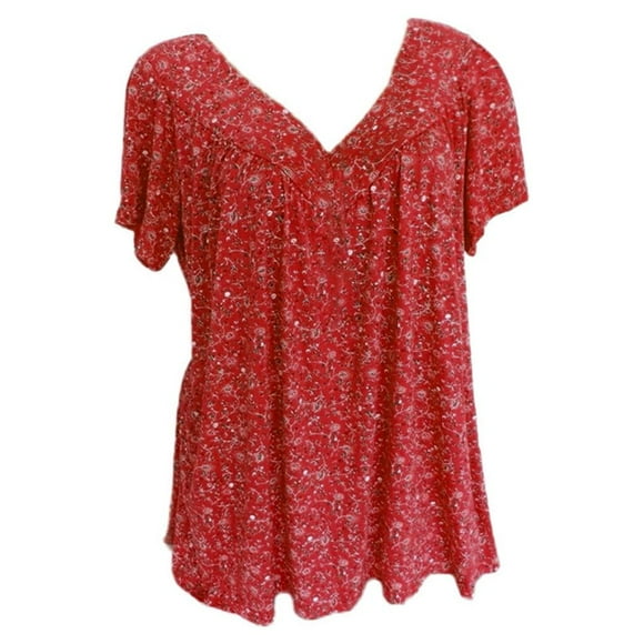 Women's Casual Boho Floral Printed V Neck Tunic Tops Plus Size Short Sleeve Pleated T Shirt Blouses S-5XL