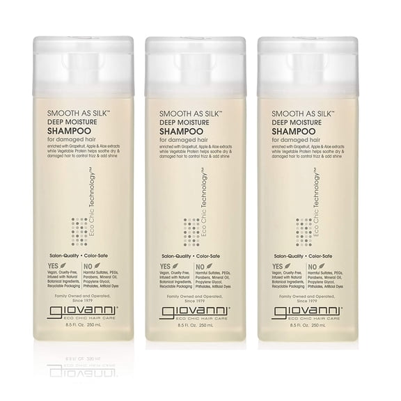 GIOVANNI Smooth as Silk Deep Moisture Shampoo, 8.5 oz. Hydrates & Calms Frizz, Detangles, Wash & Go, Co Wash, Curly & Wavy Hair, Sulfate Free, No Parabens, Color Safe (Pack of 3)