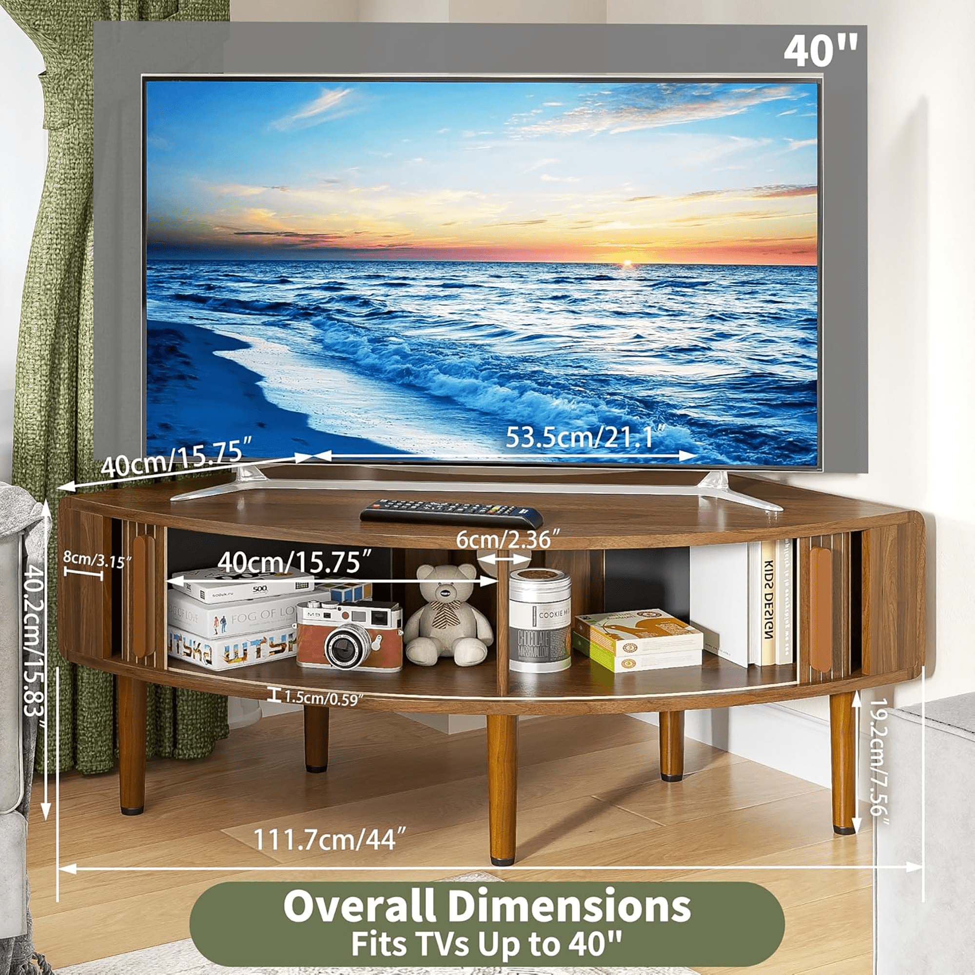 Corner TV Stand for 40 inch TV, Curved Corner Entertainment Center with Storage, Mid-Century Modern Media Console with Sliding Doors,for Living Room, Bedroom, Apartment, Walnut