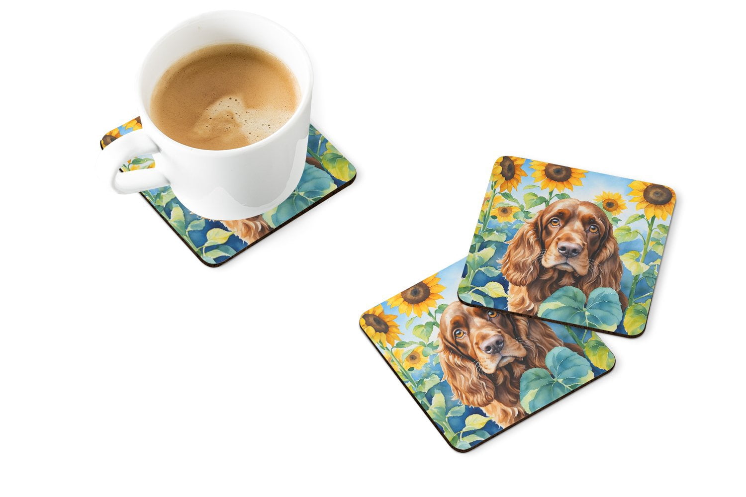 English Cocker Spaniel in Sunflowers Foam Coasters 3.5 in x 3.5 in