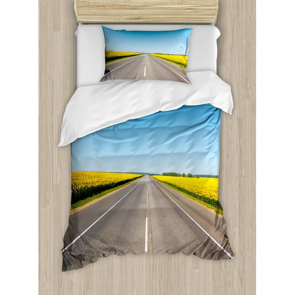 Yellow and Blue Duvet Cover Set, Roadme Highway with Sunflower Field Backdrop Nature Panorama, Decorative 2 Piece Bedding Set with 1 Pillow Shams, Twin Size, Grey Sky Blue, by Ambesonne