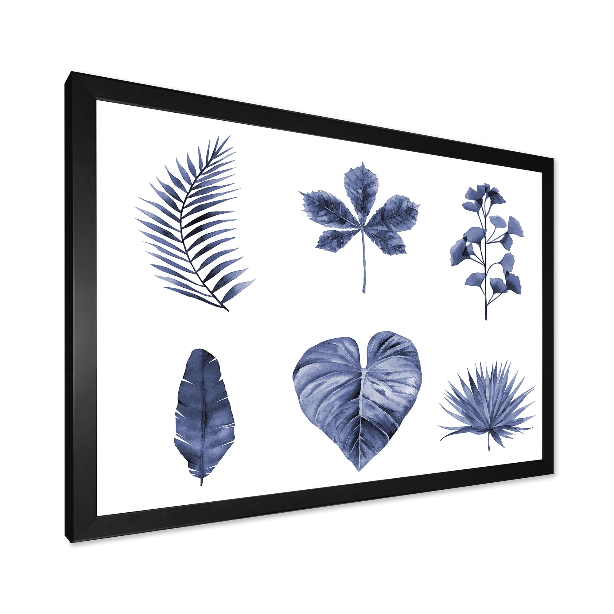 Designart 'Abstract Set Of Plant Leaves Blue' Traditional Framed Art Print