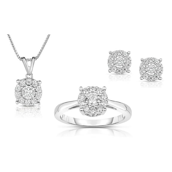 Natalia Drake Halo Miracle Plate Necklace Ring Stud Earrings 1 Cttw Diamond Necklace Ring Earrings Jewelry Set for Women in Rhodium Plated Sterling Silver