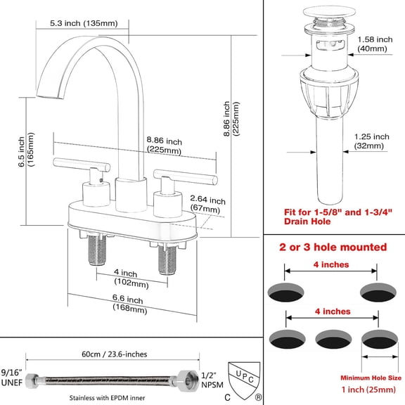 4" Centerset Bathroom Faucet 3 Hole, High Flow Waterfall Spout, Brushed Gold |   Commercial Grade Stainless Steel |   360 °   Swivel, with Pop-Up Drain & cUPC Lines