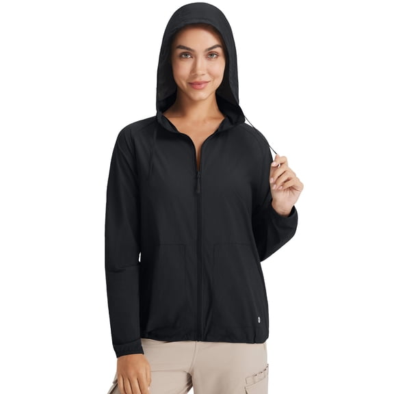 BALEAF Women's Sun Jackets No Insert Lightweight Hiking Hoodie UPF 50 Workout Mosquito Clothes Long Sleeve UV with 2 Pockets Black L