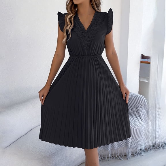 BRGZLK Midi Dresses for Women Casual Fashion Solid Color Spring Summer Novel Lace V-Neck Peter Pan Collar Waist-Cinching Pleated Sleeveless Midi Dress Wedding Guest Elegant Dress Black L