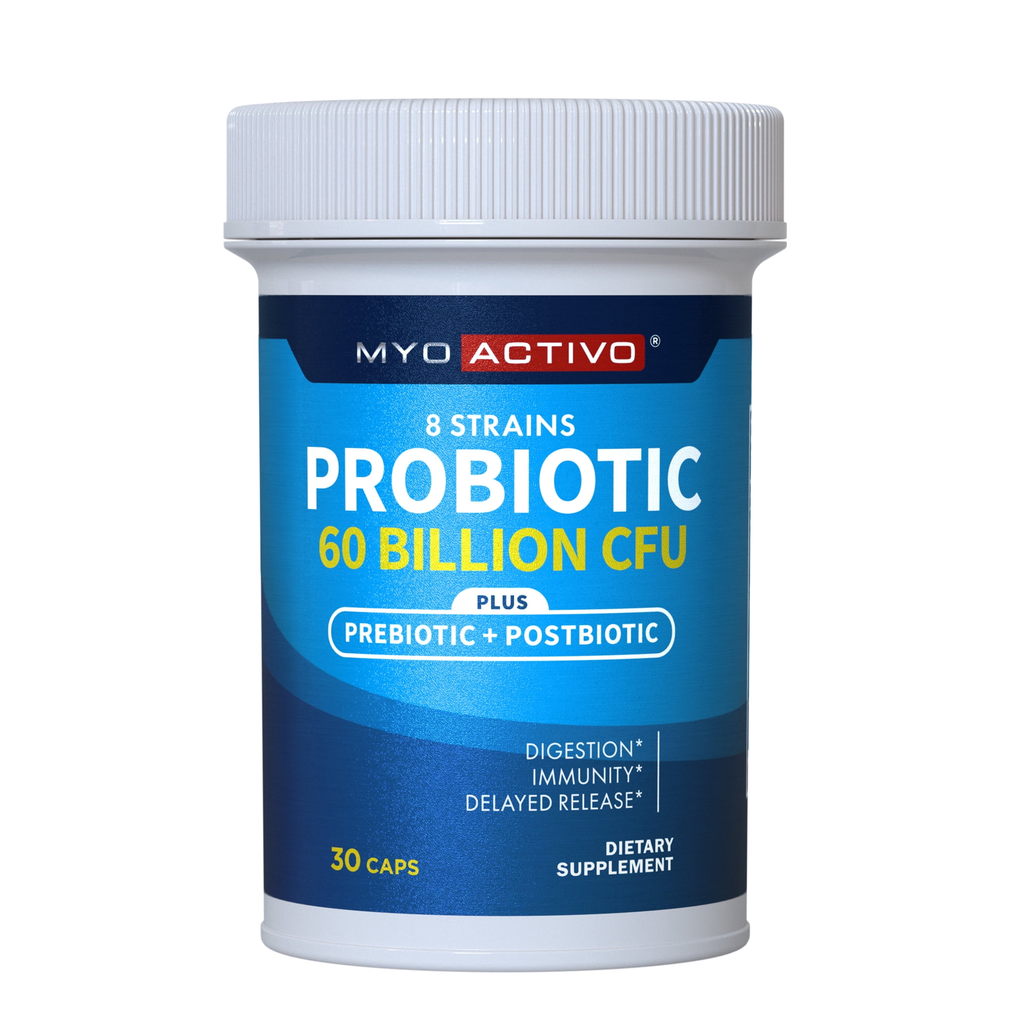 MyoActivo 60 Billion CFU Probiotic - Unique Tri-Blend w/ 8 Probiotic Strains, Prebiotics & Postbiotics - For Digestive & Immune Support - Delayed Release - Shelf Stable - Non-GMO, Gluten Free - 30 Ct