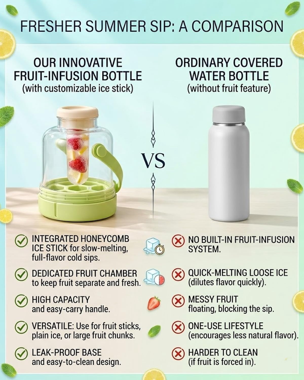 2-in-1 Water Bottle with Built-In Ice Tray – Transparent Portable Ice Maker Bottle, Easy-Release Silicone Cube Mold, Press-to-Release Square Ice Maker for Freezer, Drinks