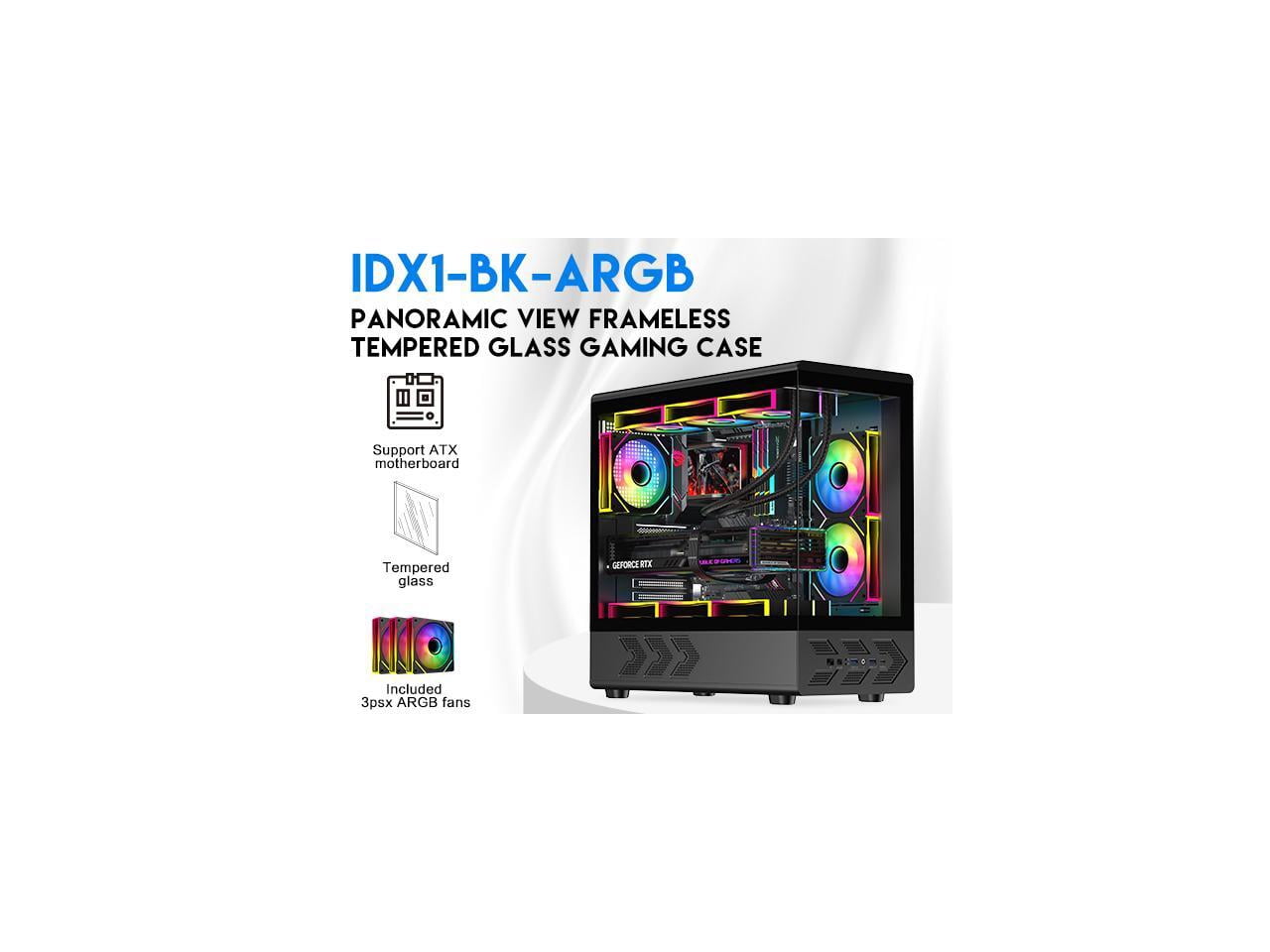 DIYPC IDX1-BK-ARGB Black USB3.0/ Type C Tempered Glass ATX Gaming Computer Case w/ Dual Tempered Glass Panel and 3 x ARGB PWM Fans (Pre-Installed)