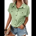 thumbnail image 1 of Camisa Plisada de Corta con Botones para Mujer, Blusa Informal de Negocios de Corte Entallado con Bolsillo, Verano 2025. Verde XXL, 1 of 9