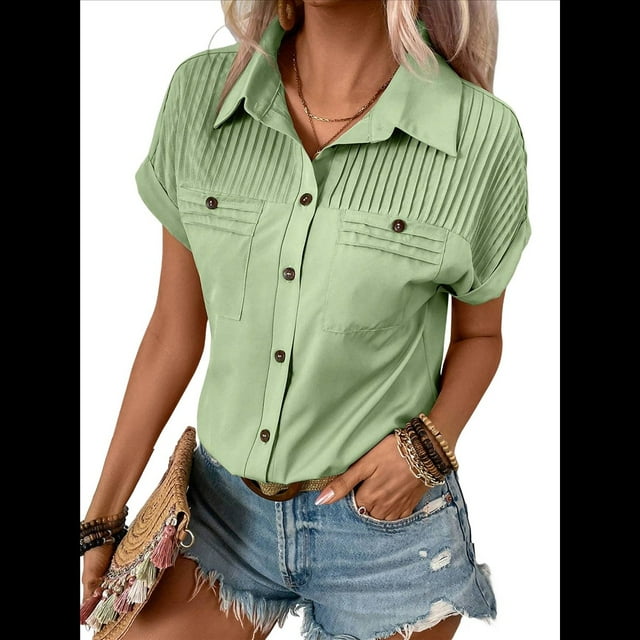 Camisa Plisada de Corta con Botones para Mujer, Blusa Informal de Negocios de Corte Entallado con Bolsillo, Verano 2025. Verde XXL