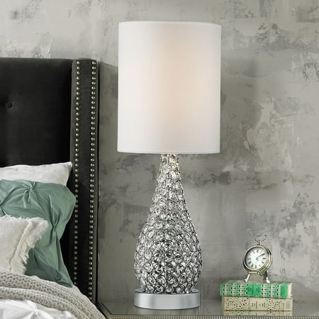 360 Lighting Modern Accent Table Lamp Crystal Bead Silver Gourd White Drum Shade for Living Room Family Bedroom Bedside