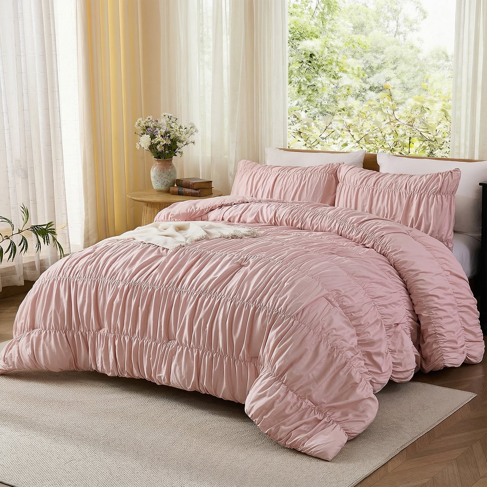 100% Cotton Pink Wrinkle Duvet Cover Set King Size,Ruched Bedding Comforter Cover,Shabby Chic Ruffled 3 Pcs Queen Duvet Cover Set,Bohemian Boho Bedding Set with 1 King Duvet  Cover 2 Pillowcases