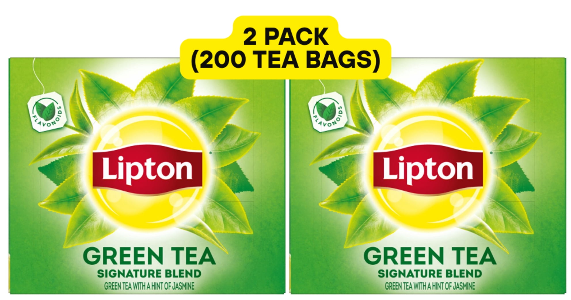 Lipton Green Tea, 100% Natural, 100 Count (Pack of 2) - 200 Tea Bags with Hint of Jasmine