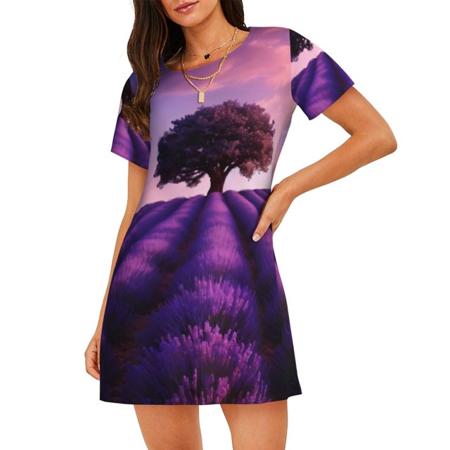 Easygdp Lavender Field Sunset Camisón de manga corta para mujer, informal, estampado