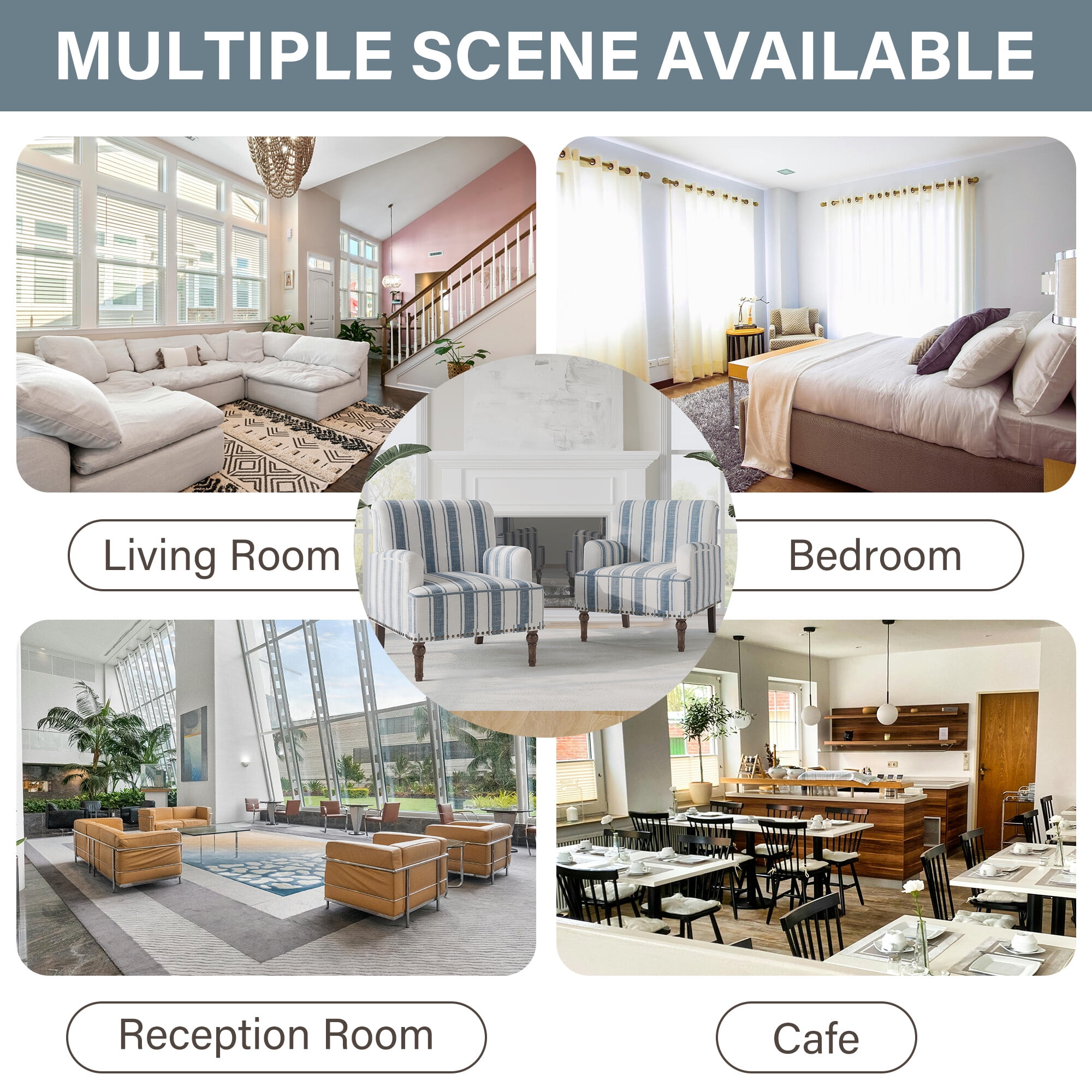 DREAMSIDEA Stripe Accent Chairs Set of 2,Living Room Chair with Arms, Comfy Single Sofa Reading Chair Nailhead Trim for Bedroom, Navy Blue