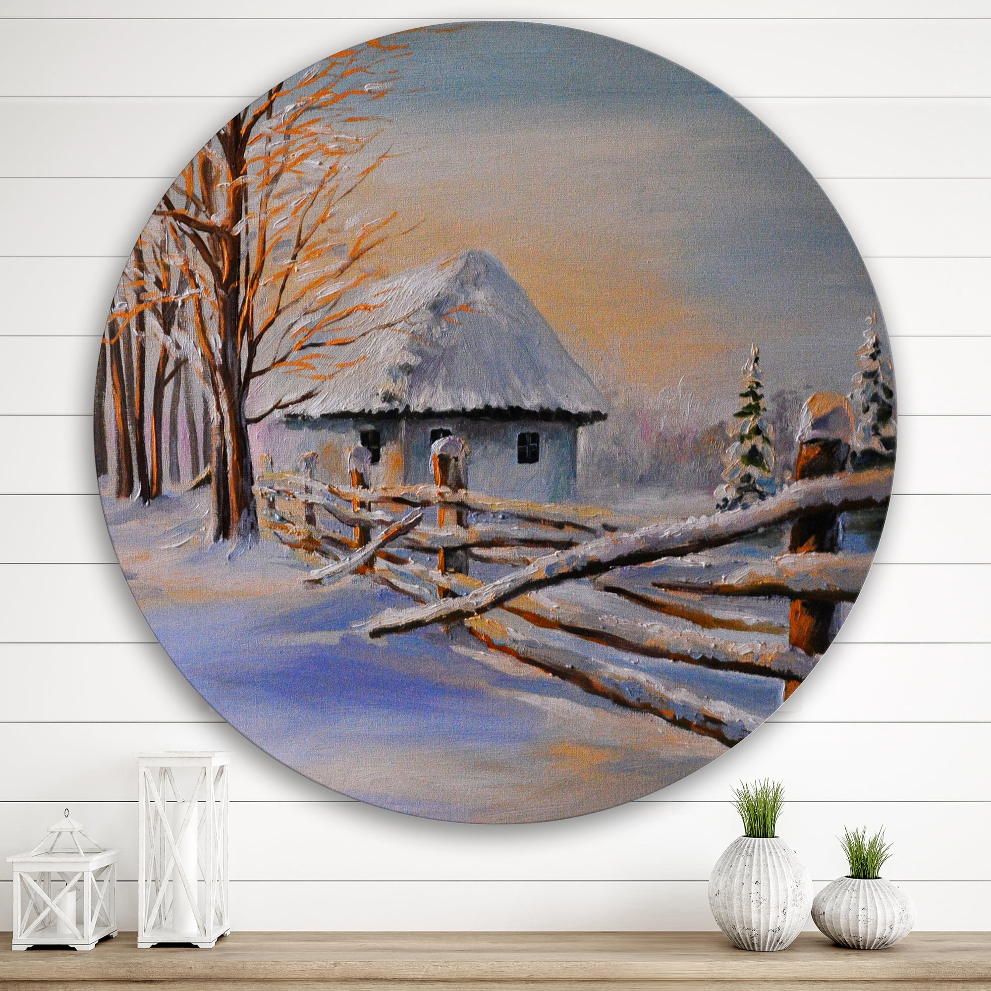 Designart 'Traditional Cottage Covered With Snow In Winter II' Traditional Circle Metal Wall Art 29x29 - Disc of 29