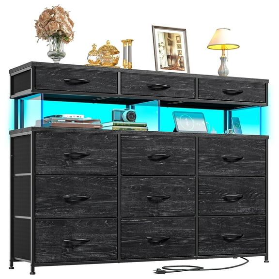 Romorgniz Black Dresser for Bedroom with 12 Fabric Drawers Wide Dresser with LED Lights & Charging Station Chest of Drawers with Acrylic Sheet