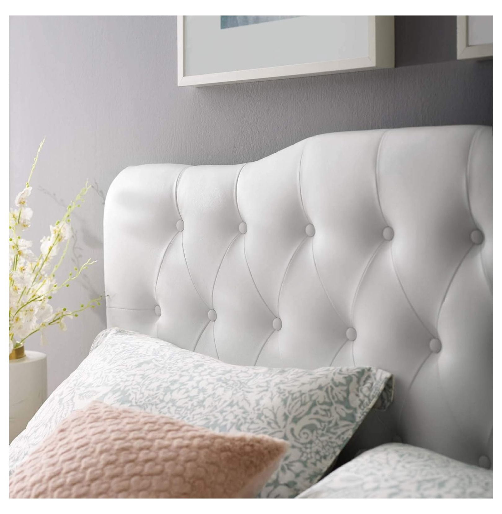 Annabel Tufted Button Faux Leather Upholstered Queen Headboard in White