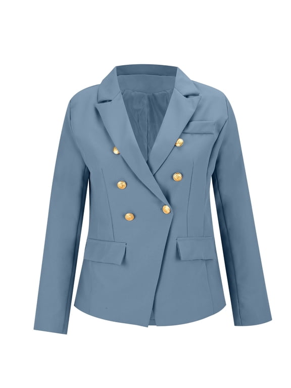 Women's Casual Button Down Blazer Jacket Lightweight Spring Autumn Short Coat Lounge Suit L Size Blue