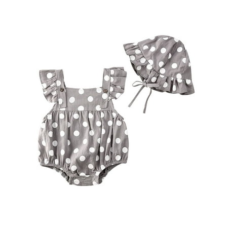 

Canrulo 2PCS Newborn Infant Baby Girls Sleeveless Polka Dots Bodysuit Jumpsuit & Cap Dark Gray 1-2 Years