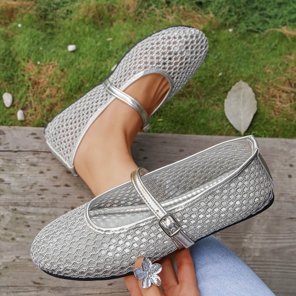 Lenago Mesh Ballet Flats for Women Mesh Flats Buckle Strap Mary Jane Ballerina Flats Slip On Casual Breathable Ballerina Shoes Summer Fashion Silver Size-7
