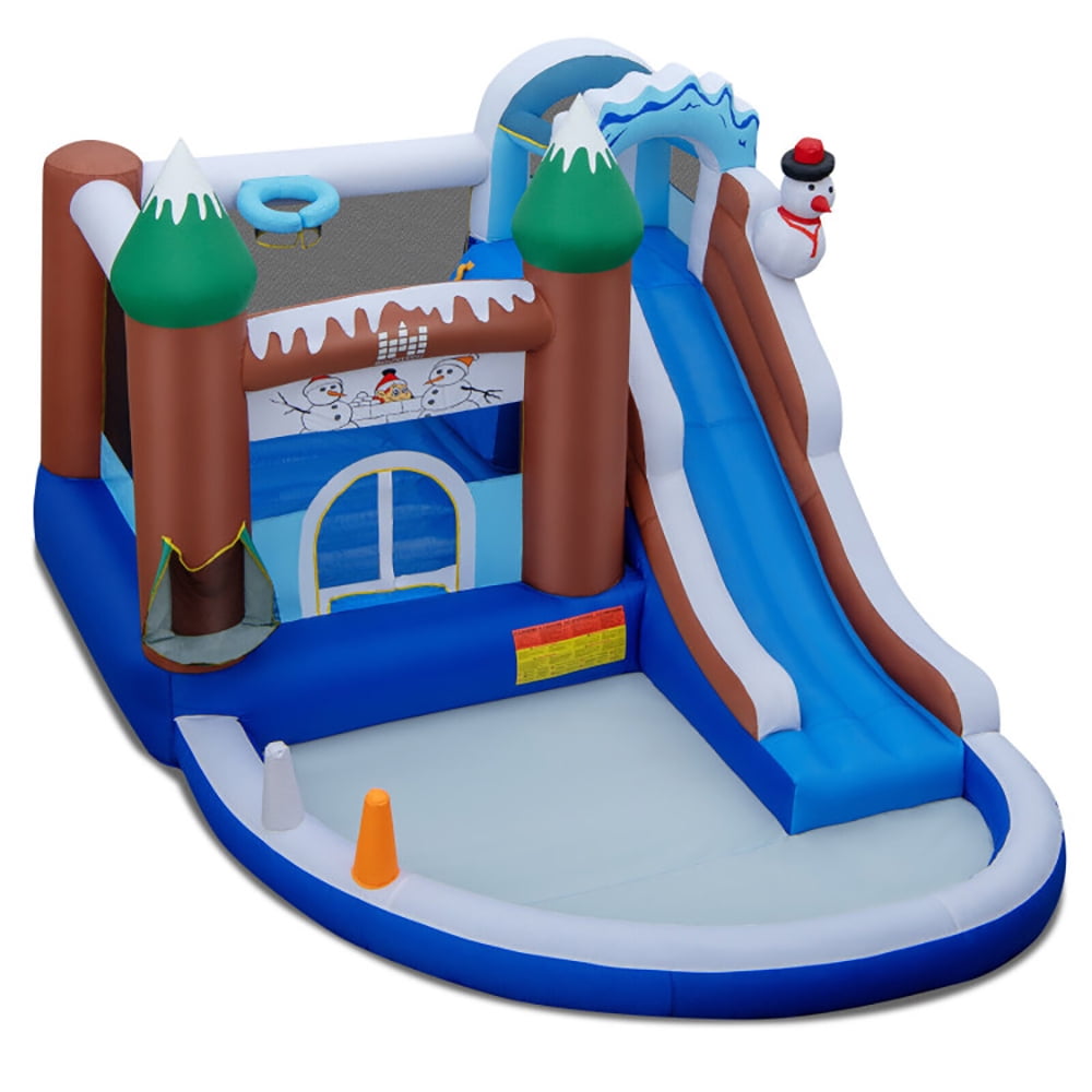 Aimee Lii 6-in-1 Winter Theme Snowman Inflatable Castle with Slide and Trampoline without Blower, Playhouse for Kids Outdoor