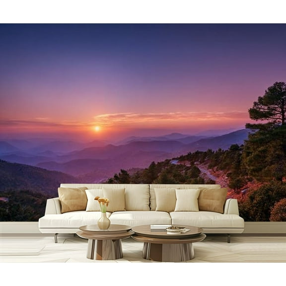 Peel and Stick Wallpaper rays setting sun illuminate mountains trail leading them Cyprus Madari Modern Art Wall Mural Decor Self Adhesive and Removable 69in x 98in