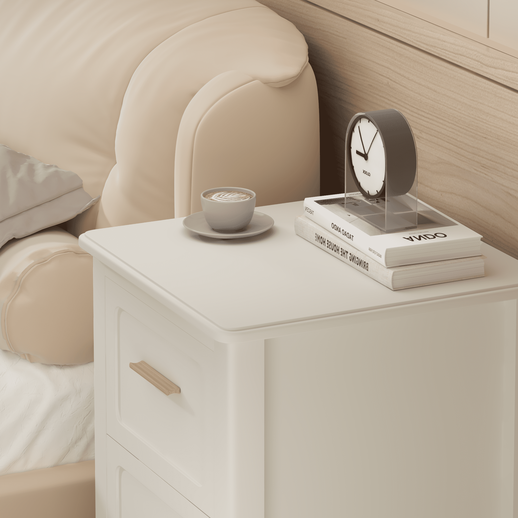 Modern Nightstand with 2 Drawers, Bedroom Bedside Table with Gold Handles, Sturdy Wood Accent Table for Small Spaces, Living Room, Kids Room & Guest Room-Off White