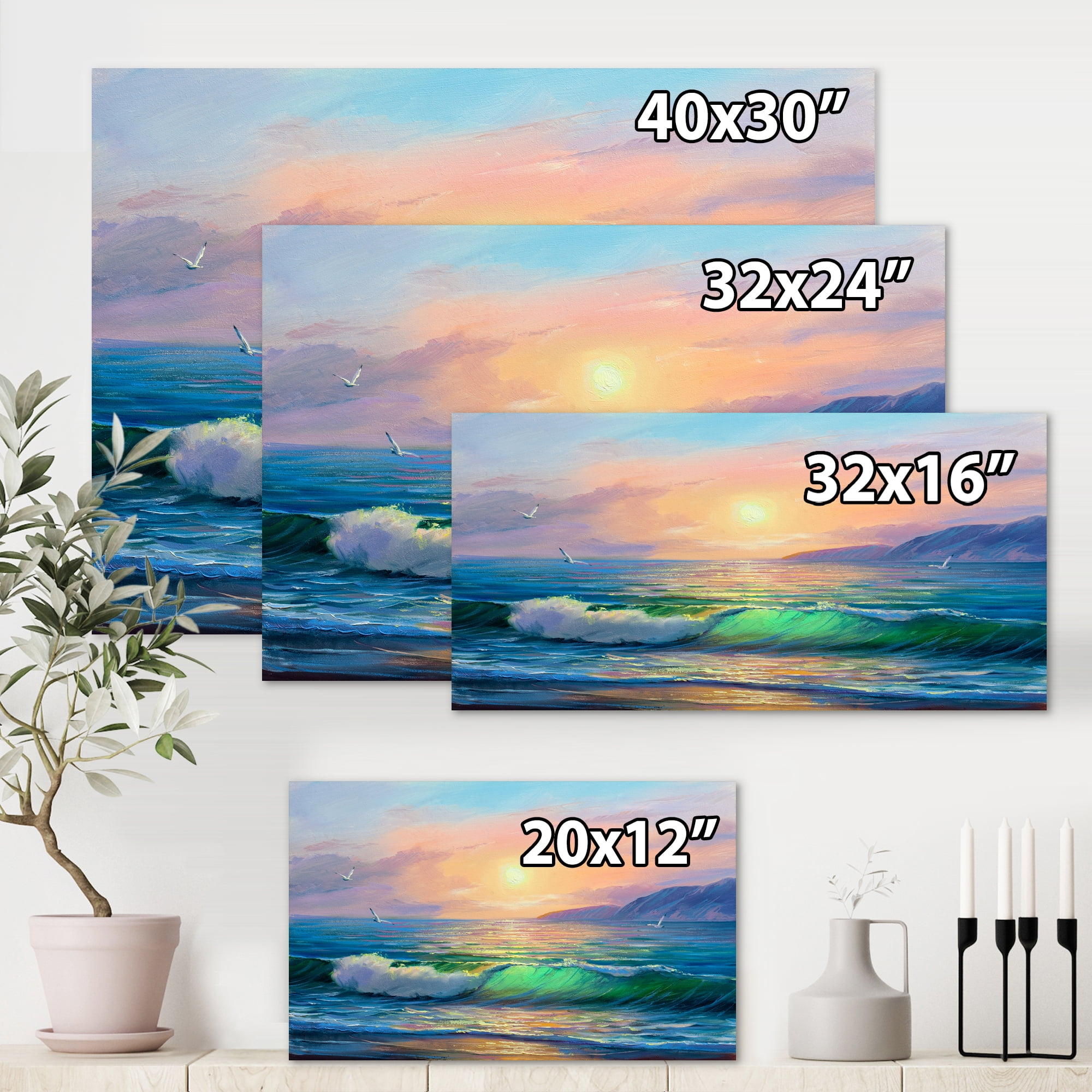 Blue Waves Breaking At The Beach Landscape V 40 in x 30 in Painting Canvas Art Print, by Designart