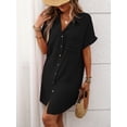 thumbnail image 6 of Shirt Dress Cotton Linen Short Sleeve Striped A Line Mid Length Casual Work Dress S-XL, 6 of 7