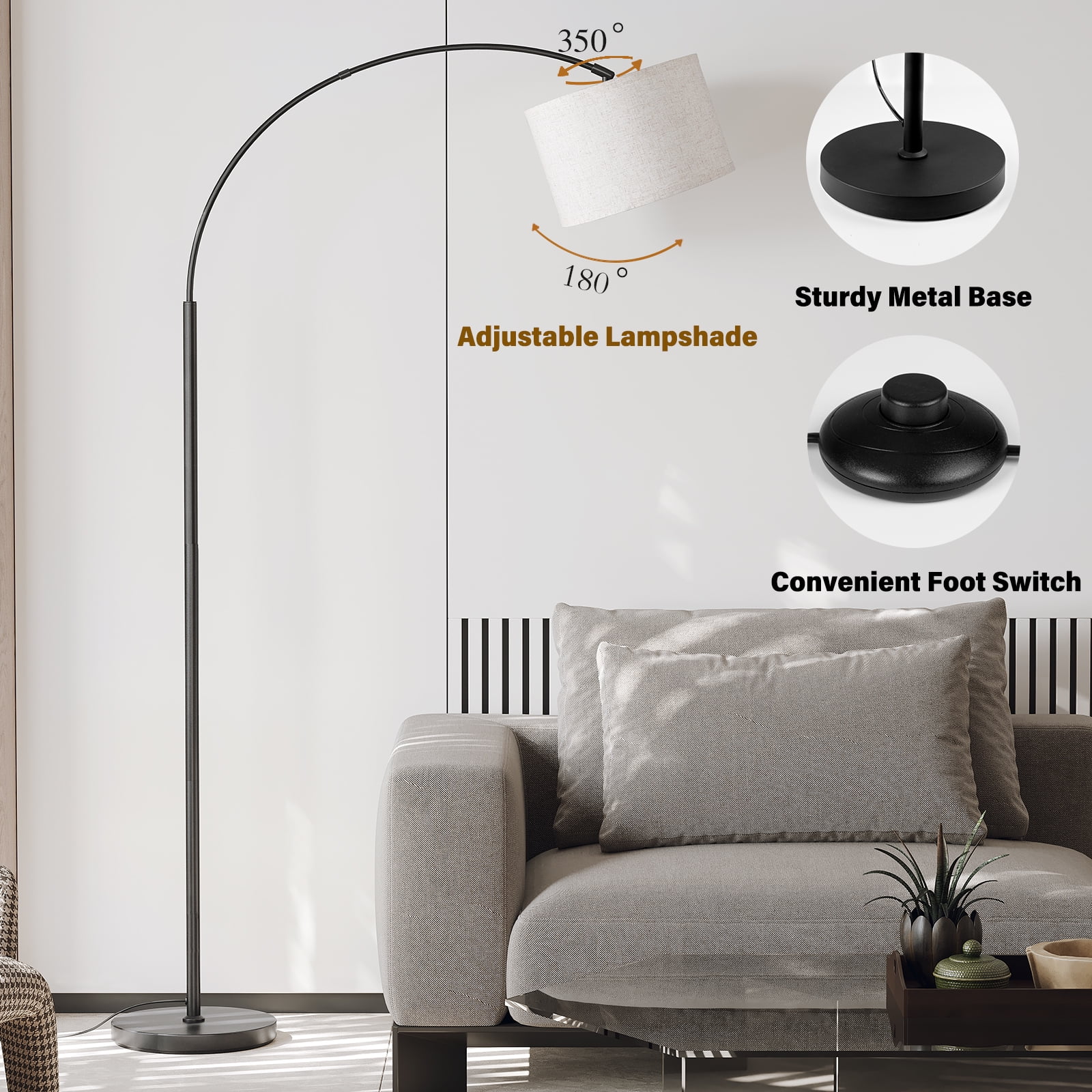 SUNMORY 75″ Arc/Arched Floor Lamp, Modern Floor Lamp with 9w LED Bulb & 3 Color Temperature, Tall Standing Lamps with Hanging Linen Drum Shade & Weighted Base for Bedroom, Living Room, Study Room