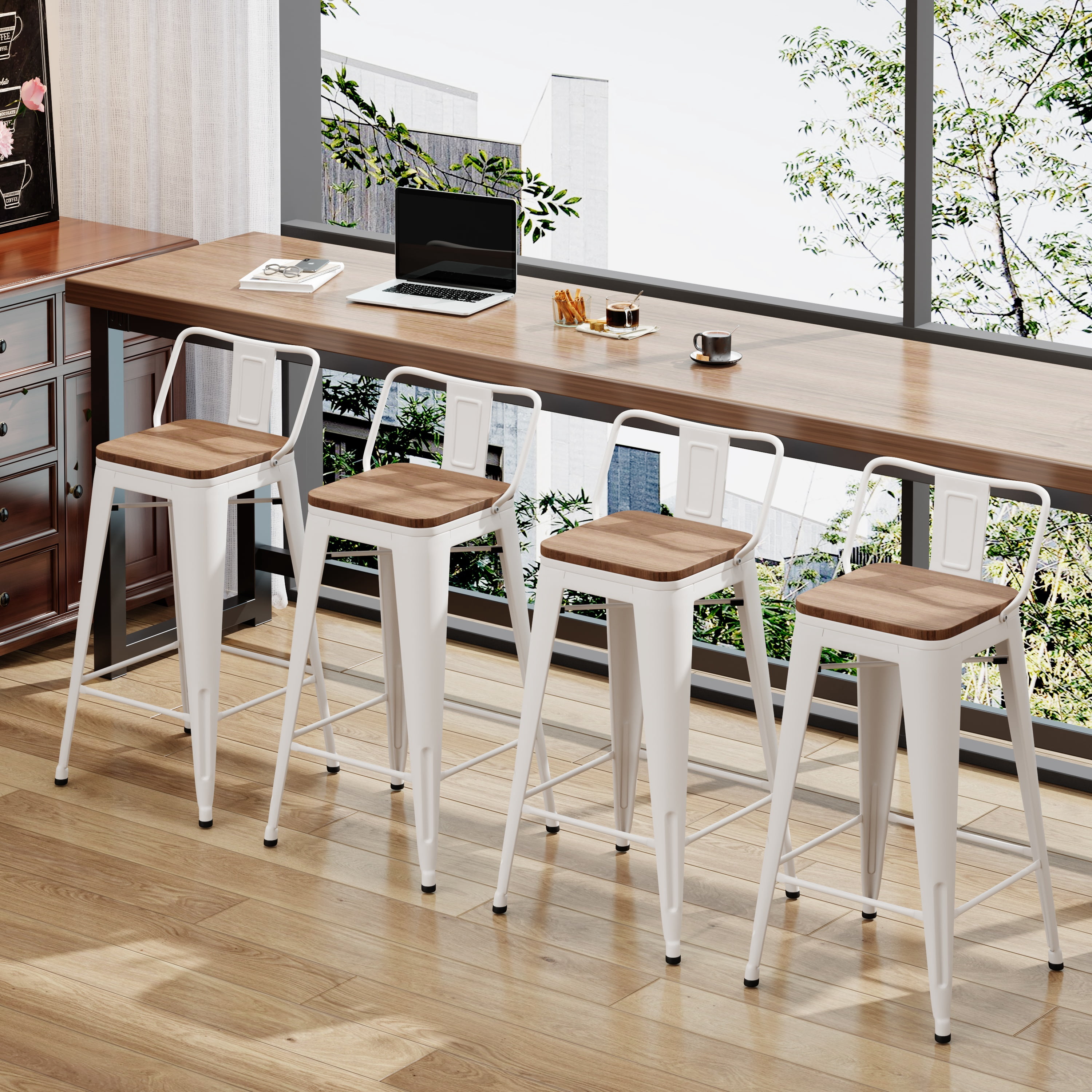 Andeworld Metal Bar Stools Set of 4 Industrial 26" Seat Height Counter Stools with Back Bar Chairs (Wooden Top Low Back, White)