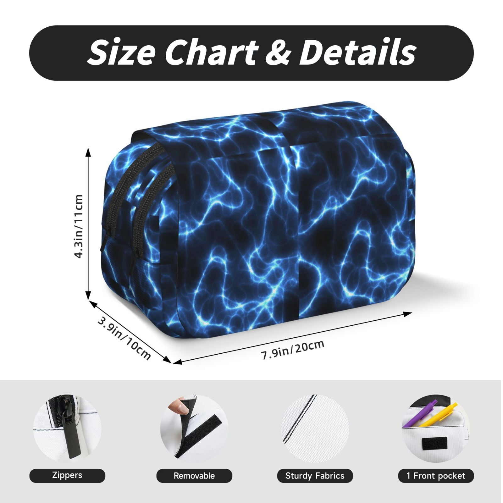 Rateoe Blue Lightning Pattern Double Clamshell Pen Case, Storage Organizer with Two Zipper Compartments– Holds Up to 50 Pencils & Pens