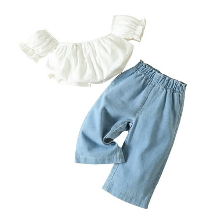 

Toddler Outfit Sets For Teens Girls Off Shoulder Ruffles T Shirt Tops Denim Pants Trousers Kids Clothes Suit