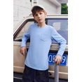 thumbnail image 7 of Arshiner Boys Long Sleeve Shirts Crewneck Casual Tshirts Solid Tees Tops with Chest Pocket for Kids 5-12 Years Army Green 140 Light blue, 7 of 7