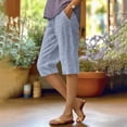 thumbnail image 5 of Jewelreauty Women's Striped Shorts Cotton Linen Straight Leg Elastic High Waist Casual Long Shorts Beach Summer (XL, Dark Blue), 5 of 7